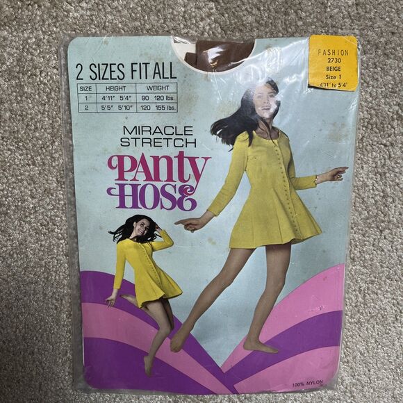 VTG 70s Retro Mod Miracle Stretch Pantyhose Nylons Beige Sz 1 Fit 4’11”- 5’4” US - Picture 1 of 5
